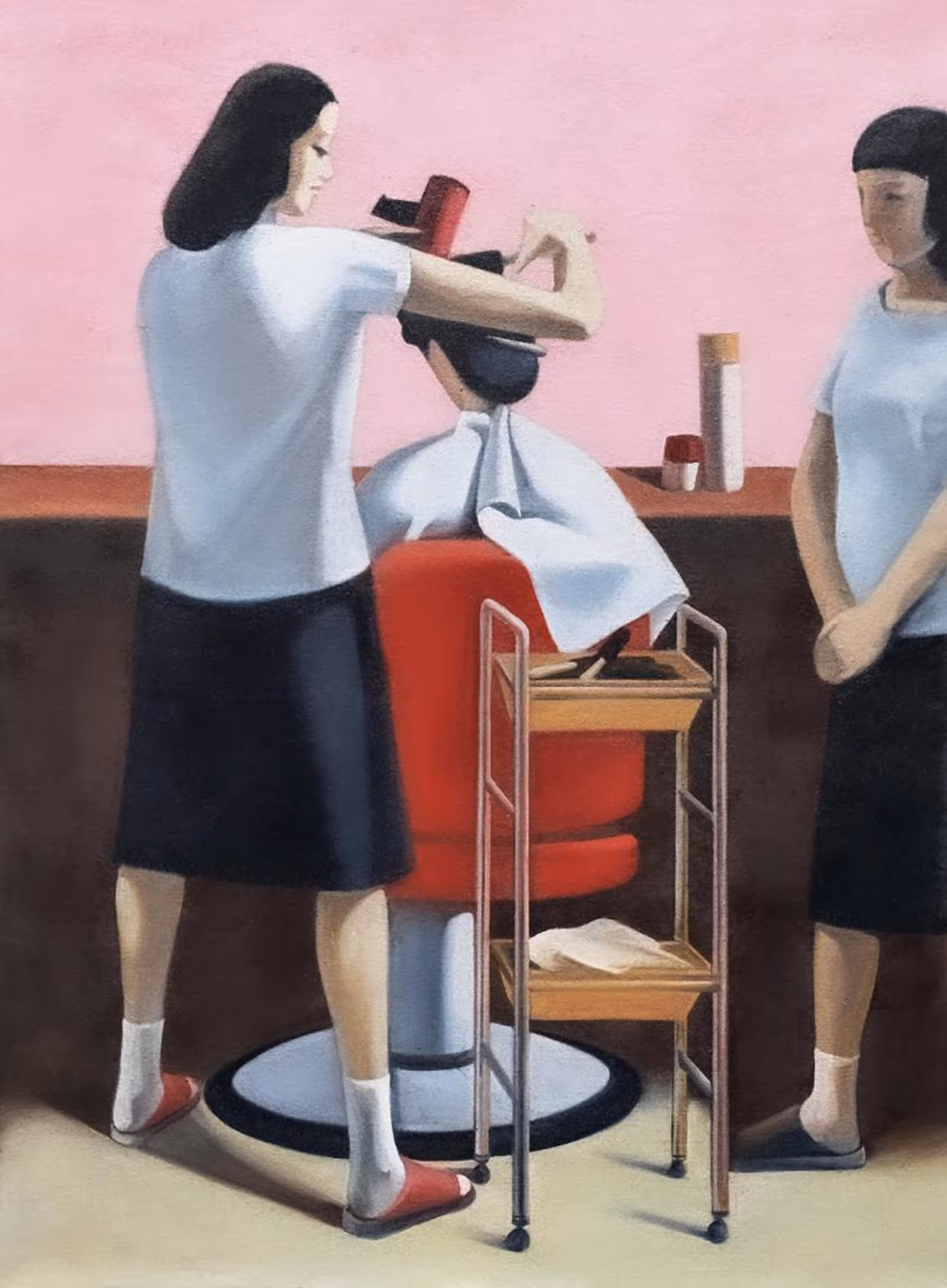 Figure 1：Geng Jianyi, Hairdressing Series No. 2: "The First Woman to Enter the Beauty Salon in the Summer of 1985," 184.5 × 134.5 cm, originally painted in 1985 and reproduced by the artist in 1992. It was presented at the China and Asian Modern and Contemporary Art Auction during the Poly Auction Hong Kong 2015 Autumn Sale under the catalog title Geng Jianyi 1986 Work Hairdressing.