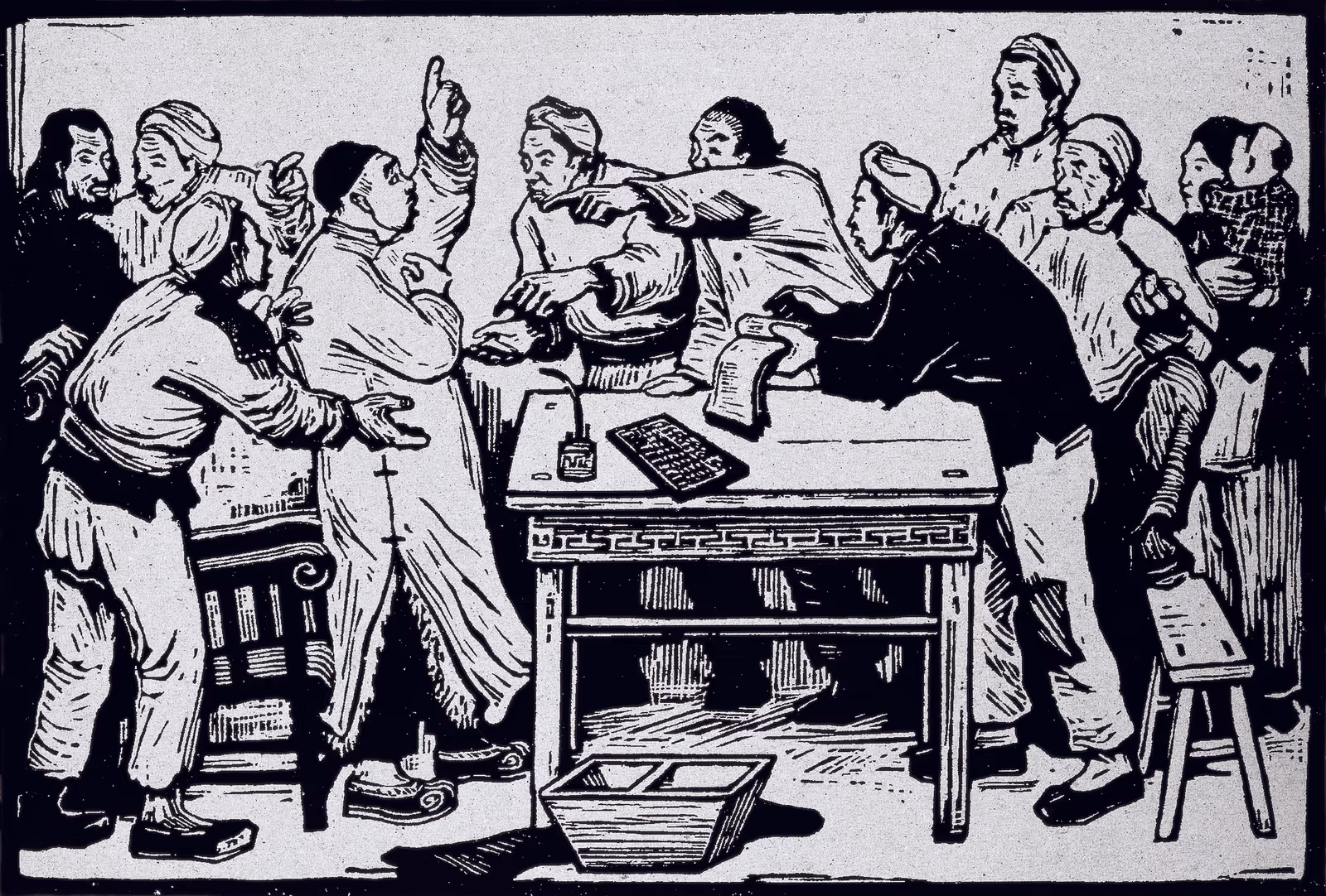 Figure 1. Gu Yuan, Rent Reduction Meeting, 1943, woodcut, 13.5×20 cm. 