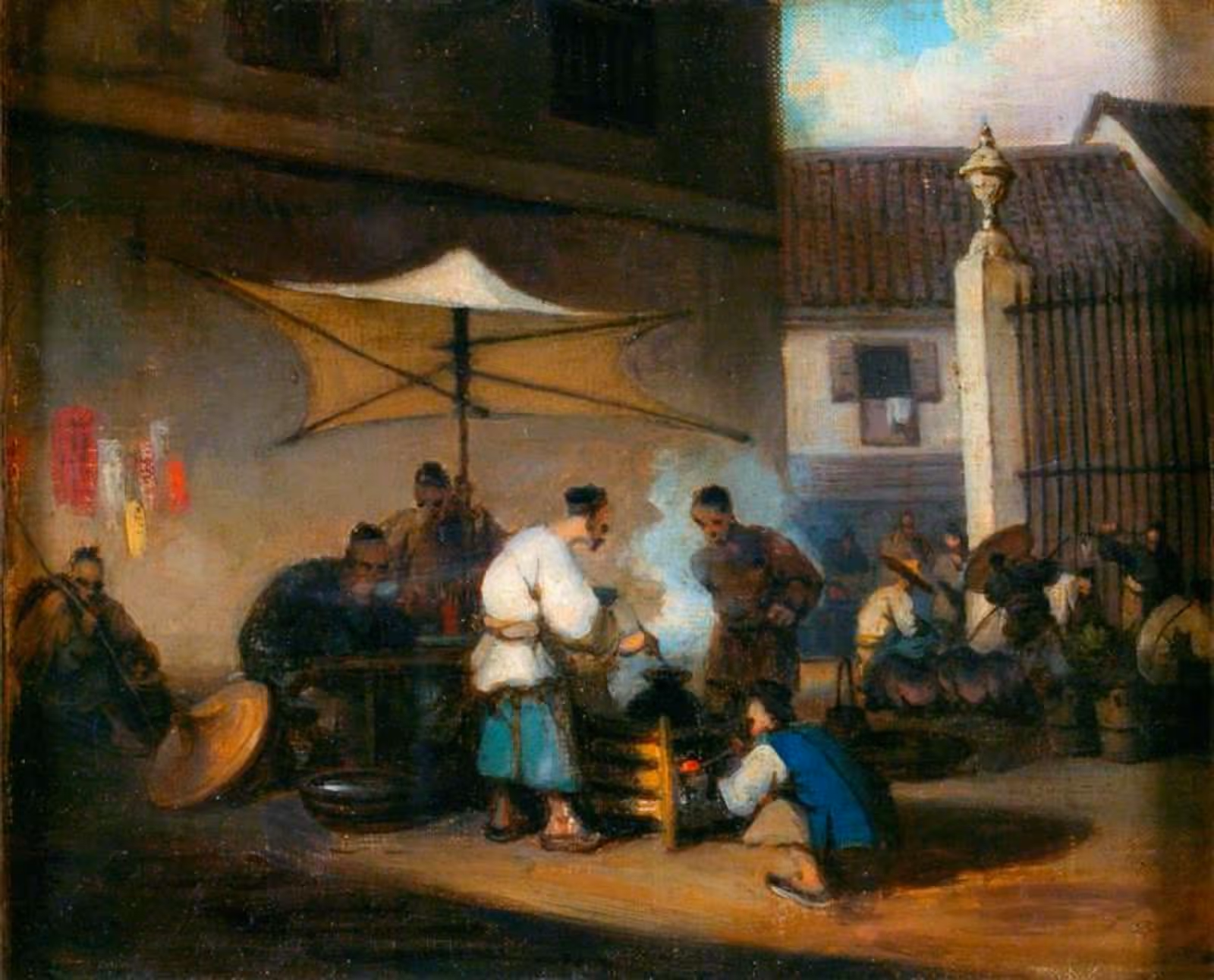 乔治·钱纳利，《澳门中国街景》（Chinese Street Scene at Macao），约19世纪中叶，布面油画，维多利亚与阿尔伯特博物馆藏。