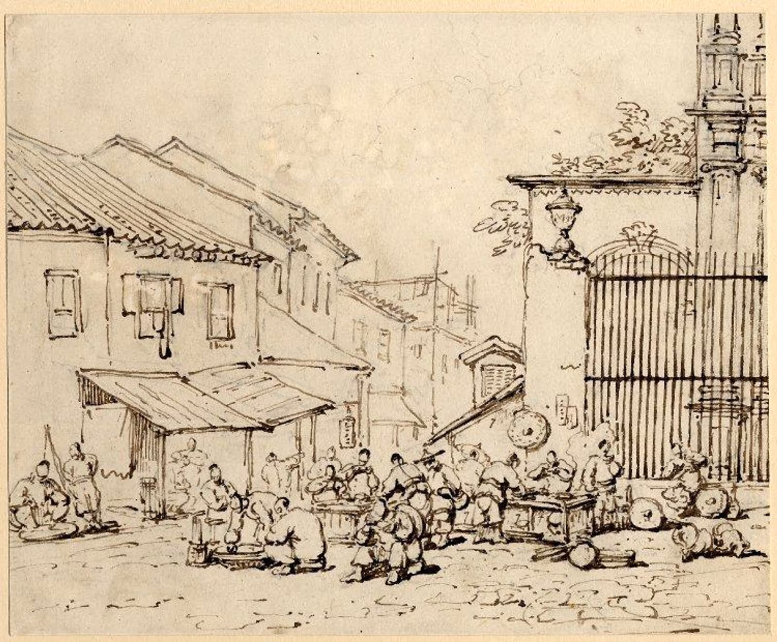 乔治·钱纳利，《玫瑰堂外市集摊贩》（Market Stalls by St. Dominic’s Church），纸本素描，约1843，澳门博物馆藏。