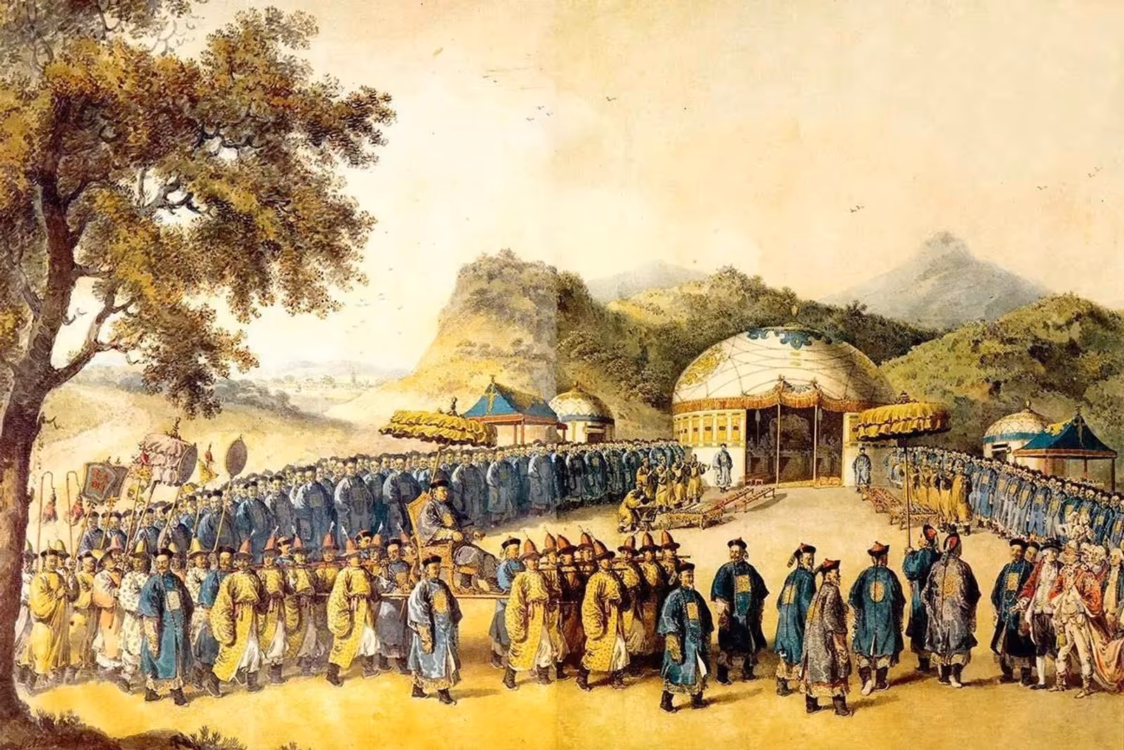 威廉·亚历山大，《中国皇帝前往鞑靼御帐接见英国大使》（The Approach of the Emperor of China to His Tent in Tartary to Receive the British Ambassador），纸本水彩，1799，英国皇家亚洲学会藏。